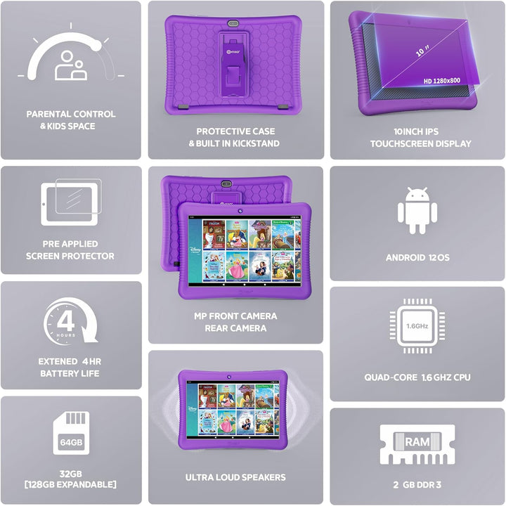 10" Android Kids Tablet Bundle - 32GB, 80+ Disney Storybooks ($350 Value), Parental Controls, Kid-Proof Case W/Kickstand & Stylus, Headphones & Sleeve Bag - Purple