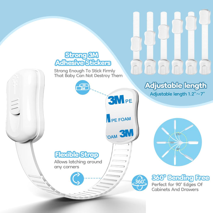 8-Pack Cabinet Locks Baby Proofing -  Child Proof Drawer Locks, Multi-Purpose for Drawers, Fridge, Toilet Seat, Trash Can, Ideal Stocking Stuffers, White