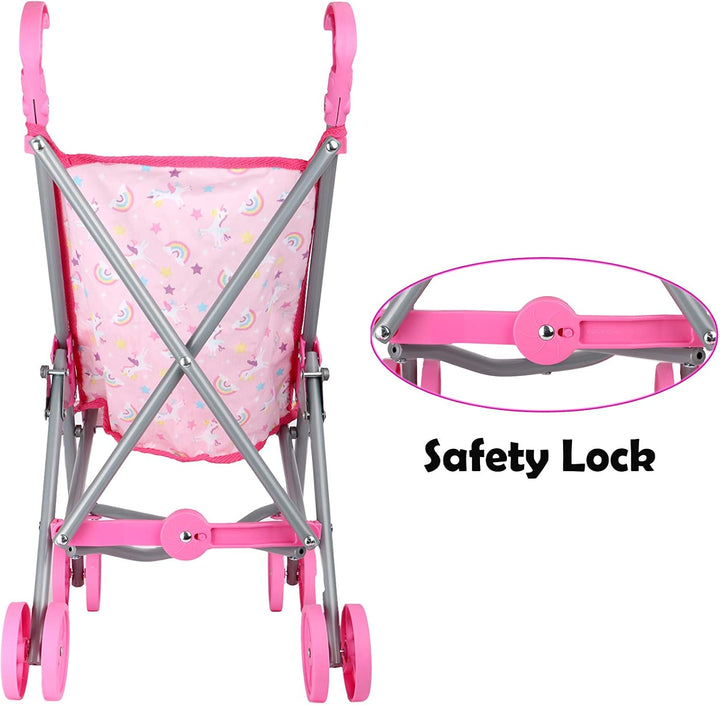 , Doll Stroller - Metal Fold up and down Umbrella Stroller for Realistic Pretend Play, Pink - 23”