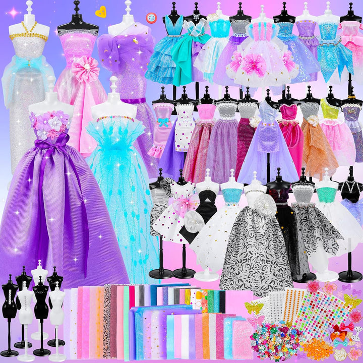 800+Pcs Fashion Designer Kit for Girls, Sewing Kit with 4 Mannequins, DIY Arts and Crafts Kit for Kids, Doll Clothes Making Kit, Girl Toys for Age 6 7 8 9 10 11 12 Year Old Gifts
