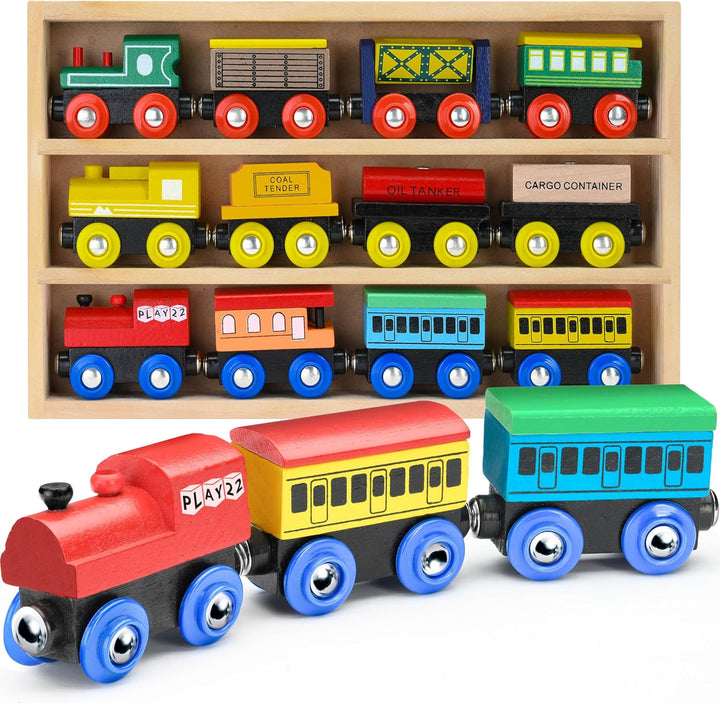 Wooden Train Set 12 PCS - Train Toys Magnetic Set Includes 3 Engines - Toy Train Sets for Kids Toddler Boys and Girls - Compatible with All Major Brands - Original - by
