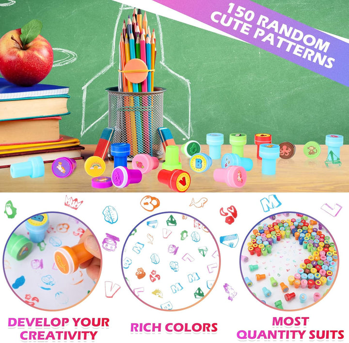 150 Pcs Assorted Stampers for Kids Cute Mini Self Inking Stamps Kids Printing Supplies Birthday Party Favors for Crafts Classroom Prize, Animals, Fruits, Food, Human Tasks