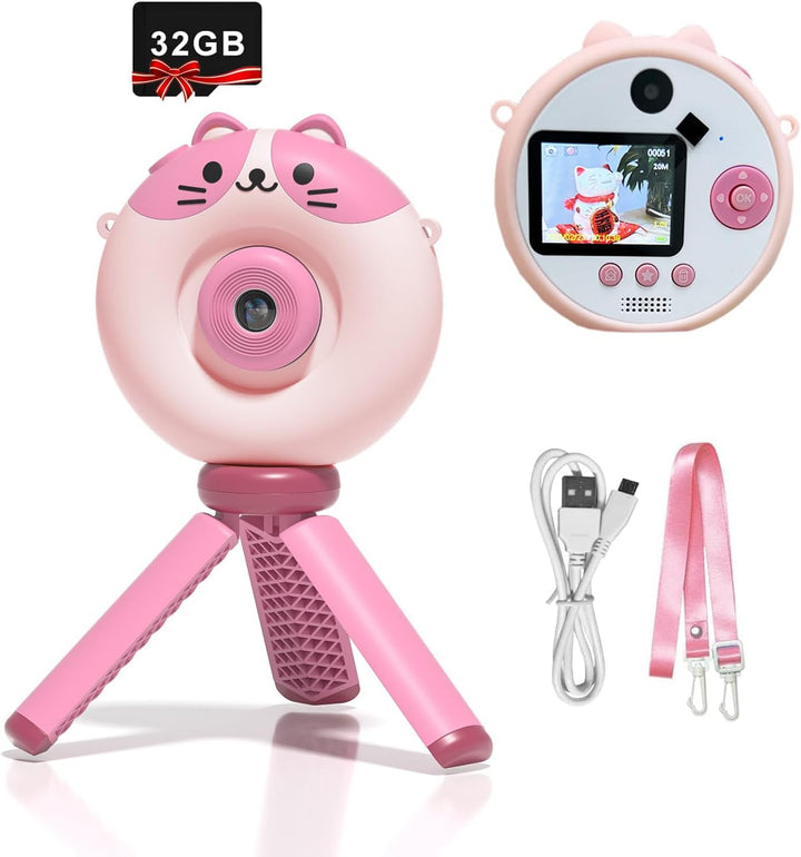 Kids Camera with Tripod, Kid Camera Toys with Flip-Up Lens for Selfie & Video, MP3 Player, Christmas Birthday Gifts for Boys Girls, 32G SD Card Included (Yellow Chicken)