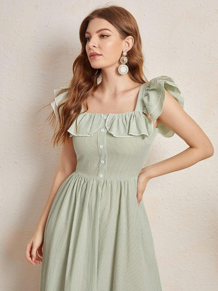 ROLVK Women'S Casual Dresses Ruffle Armhole Striped Dress Charming Mystery Special Beautiful