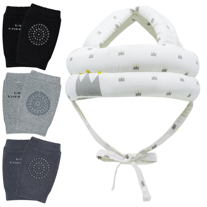 Baby Head Protector Helmet & Baby Knee Pads 3 Pairs Toddler Protector Cap Soft Cotton Cushion, Adjustable Bump-Free Safety Hood to Crawling, Walking, and Running
