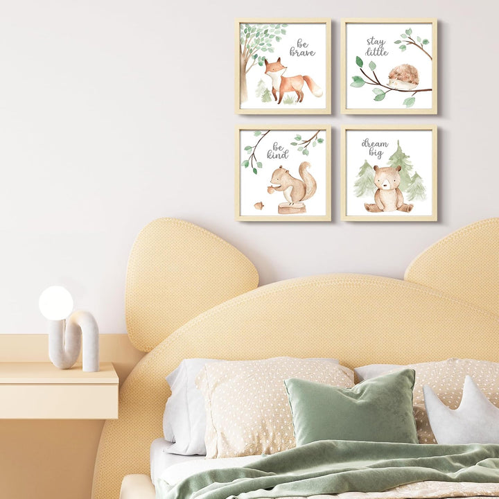 Framed Woodland Nursery Wall Decor, 10X10 Inch Cute Baby Safari Wall Art, Green Kids Art Frame with Forest Animals Prints for Playroom Classroom Bathroom Baby Shower Decoration(4 Pack)