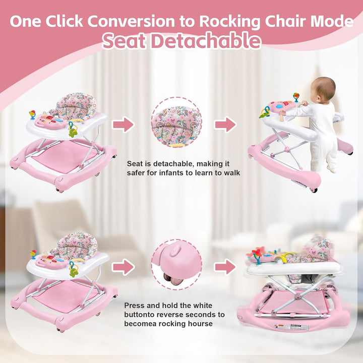 Foldable Baby 5-In-1 Activity Walker - Rocker, Activity Center, Bouncer, Seat Walker, Push Walker - Adjustable Speed Rear Wheels and Height Toys Ages 6-18 Months… (Pink)