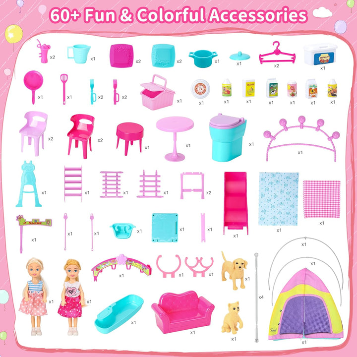 Doll House Portable & Foldable Dollhouse W/ 60+ Pcs & 2 Dolls, Play House Toy with Bedroom Kitchen Furniture Camping Playset, Playhouse Birthday Gift for Girl Kid Toddler
