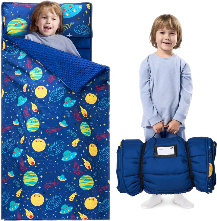 Toddler Nap Mat for Preschool 55''X30'' Sleeping Mat with Removable Pillow and Minky Blanket for Kids Ages 3-7 Roll up Soft Kids Sleeping Bag for Boys Girls Kindergarten Daycare Sleepover