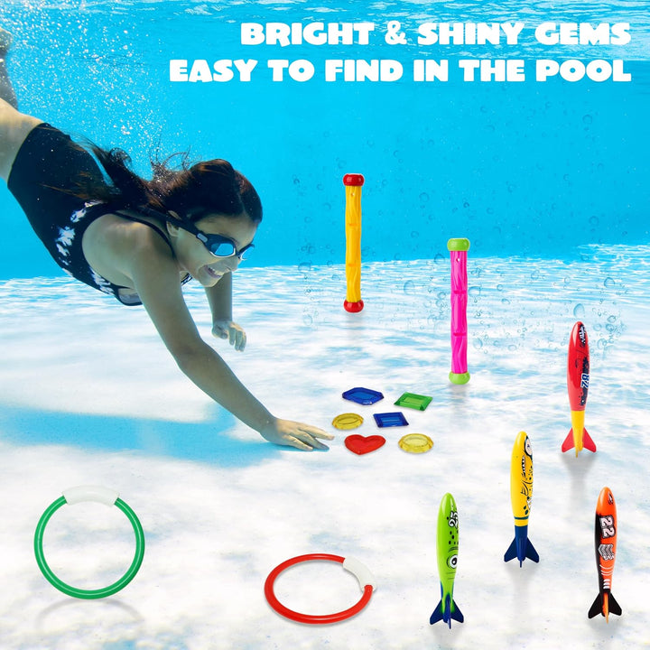18Pcs Diving Pool Toys for Kids, Swimming Pool Toy with Storage Bag Includes 4 Pool Rings, 4 Diving Sticks, 4 Bandits, 6 Treasures Underwater Swim Pool Games for Ages 8-12