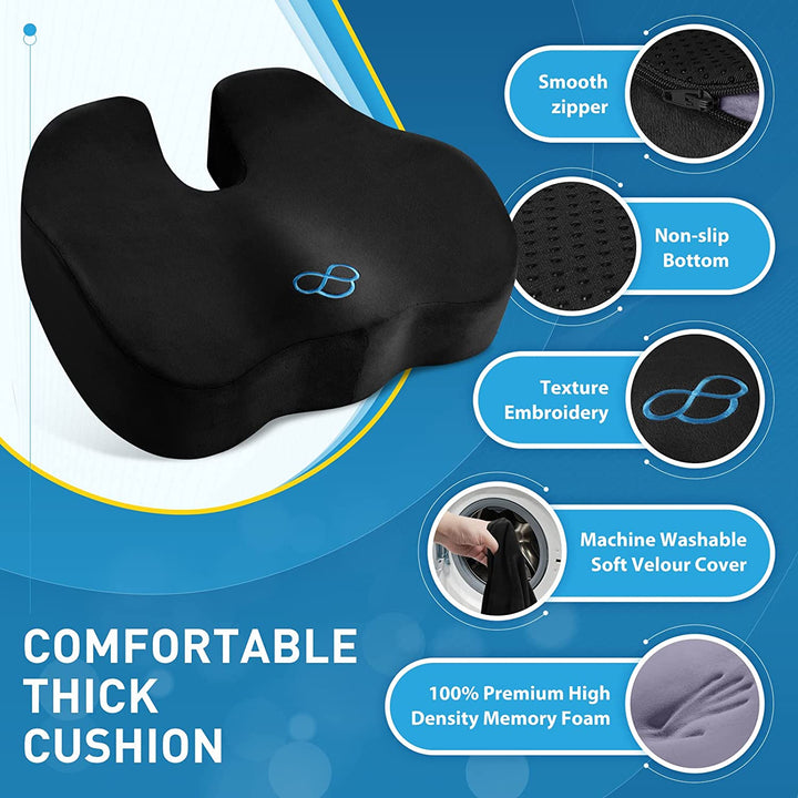 Seat Cushion,Thick Memory Foam Cushions for Office Chair, Car Seat, Airplane, Relieving Pressure Tailbone Sciatica Back Pain for Long Sitting Office Workers, Car Drivers 4.7In Thick Black