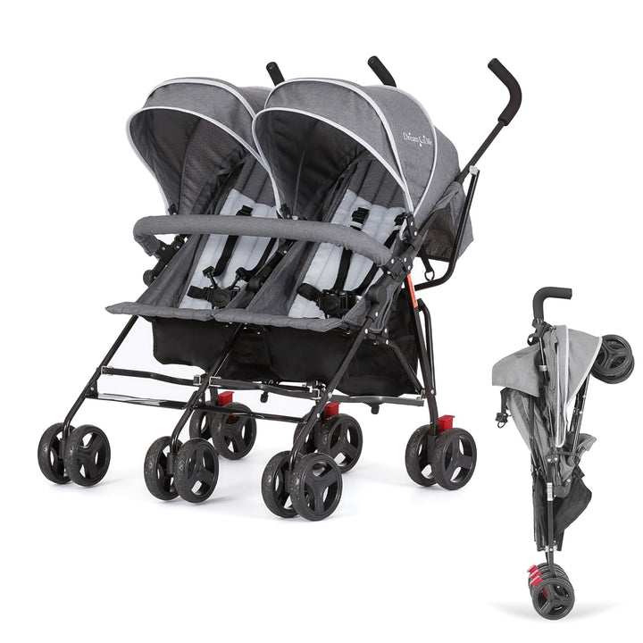 Volgo Twin Umbrella Stroller in Black, Lightweight Double Stroller for Infant & Toddler, Compact Easy Fold, Large Storage Basket, Large and Adjustable Canopy