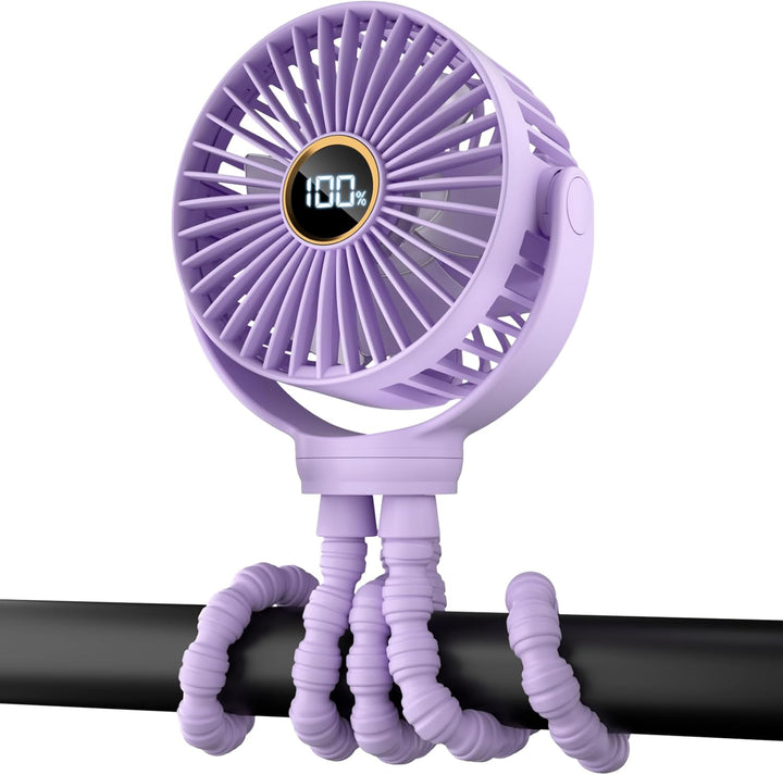 Portable Stroller Mini Fan, Small Rechargeable Personal Fan, Baby Travel Essentials for Wagon, Car Seat, Treadmill, Battery Powered Biking Gear Accessories, 360° Rotation, 3-Speed, Display, Black