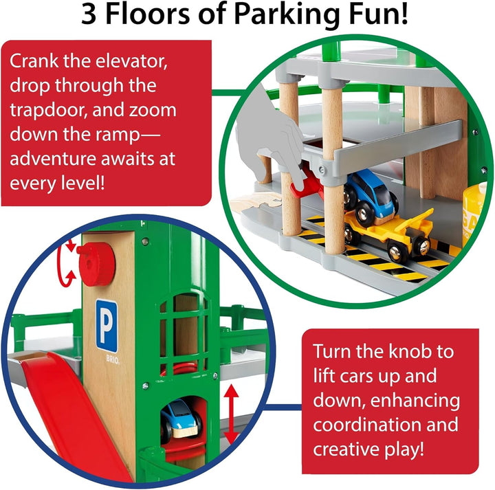 World Parking Garage - 7-Piece Wooden Toy Garage with 2 Cars, 1 Transporter Wagon, and Wooden Ramp Tracks - Works with All  Train Sets - Fsc-Certified - Sparks Creativity & Fun - Ages 3 & Up