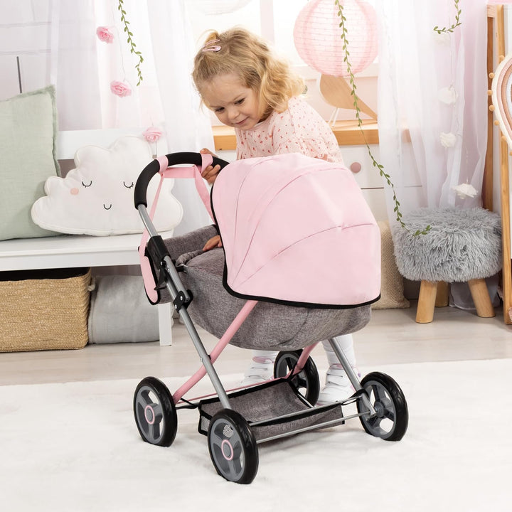 : 4-In-1 Toy Baby Doll Pram Stroller Cosy Set - Dolls up to 18" (Pink/Grey) | Baby Dolls | Pretend | Dress up | Accessory