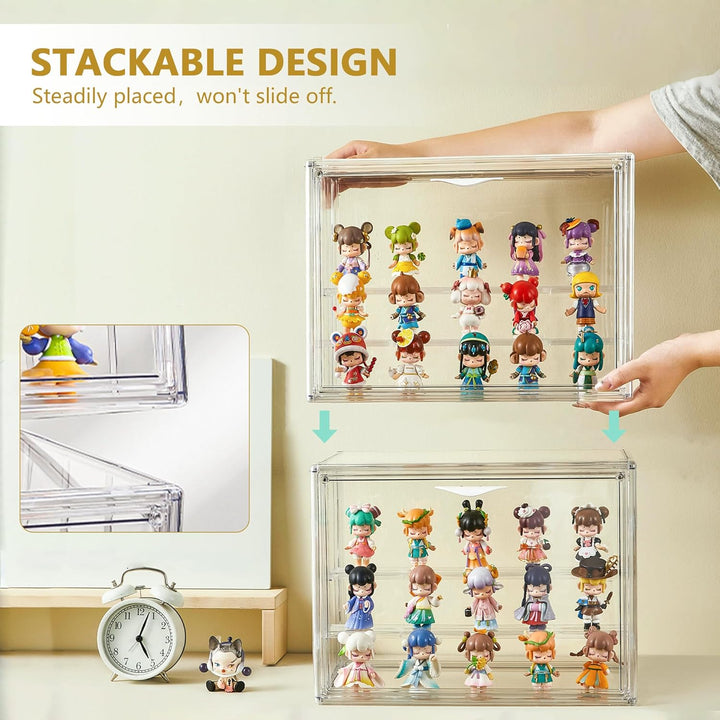 Acrylic Display Case for Collectibles 3 Layer Adjustable Figure Display Case with Magnetic Door Clear Stackable Display Box for Figures Showcase 2Pack