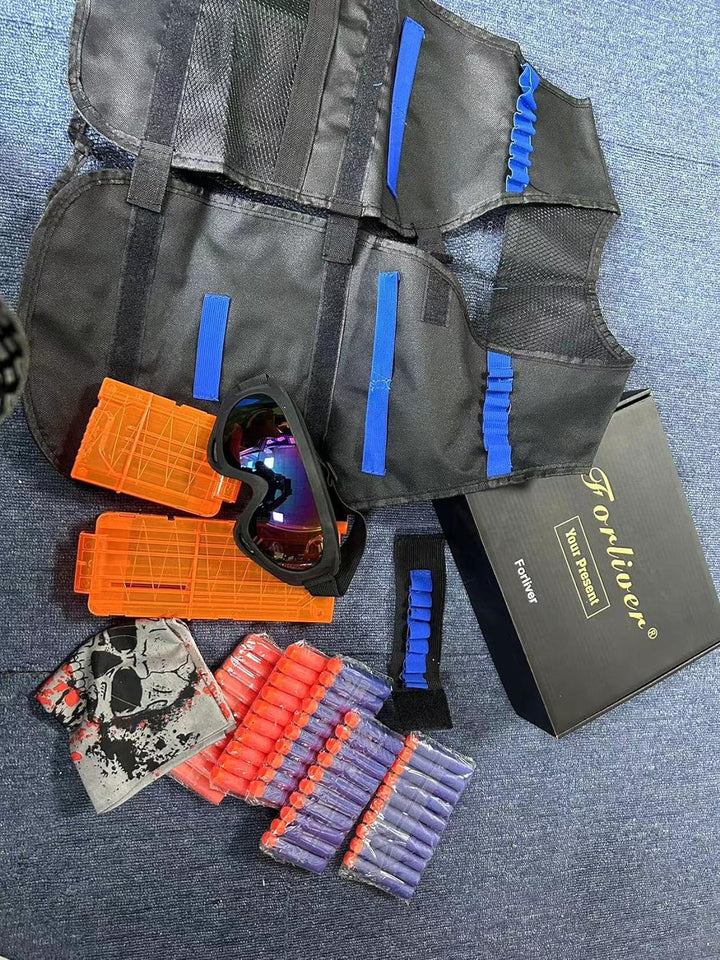 Kids Tactical Vest Kit for Nerf Guns, N-Strike Elite Series with 50 Bullets Refill Darts + 2 Reload Bullet Clips + Face Tube Mask + Protective Glasses + Hand Wrist Band