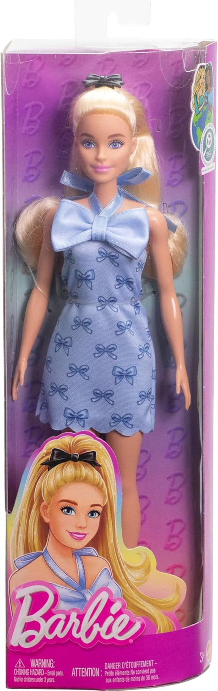 Fashionistas Doll #237 with Wavy Blonde Ponytail Wearing Blue Bow Halter Dress, Black Hair Bow Accessory and Matching Blue Heels