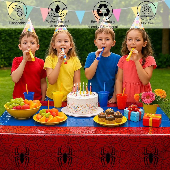 3-Pack Spider Theme Tablecloths - 54X108 Inch Disposable Plastic Table Covers for Birthday & Halloween Parties, Red & Blue Web Design Decorations for Little Ones, Adults, Indoor/Outdoor Event