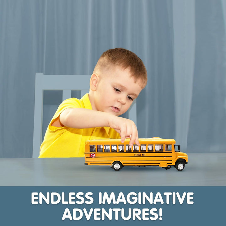 Diecast Yellow School Bus Model Toy, 8" Pullback Die Cast Model Vehicle for Kids with Rubber Tires, Opening Doors, Lights and Sounds