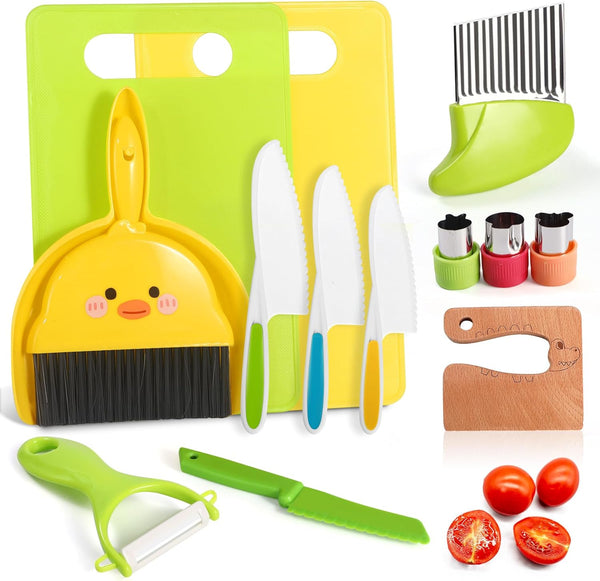 14PC Montessori Toy Safe Kitchen Knife Set for Toddler, Kids Knife Set for Real Cooking with Cutting Board, Gift for 3-12 Year Old Girl Boy Bithday Chistmas, Little Chef Cooking Tool for Kid Age 3-12