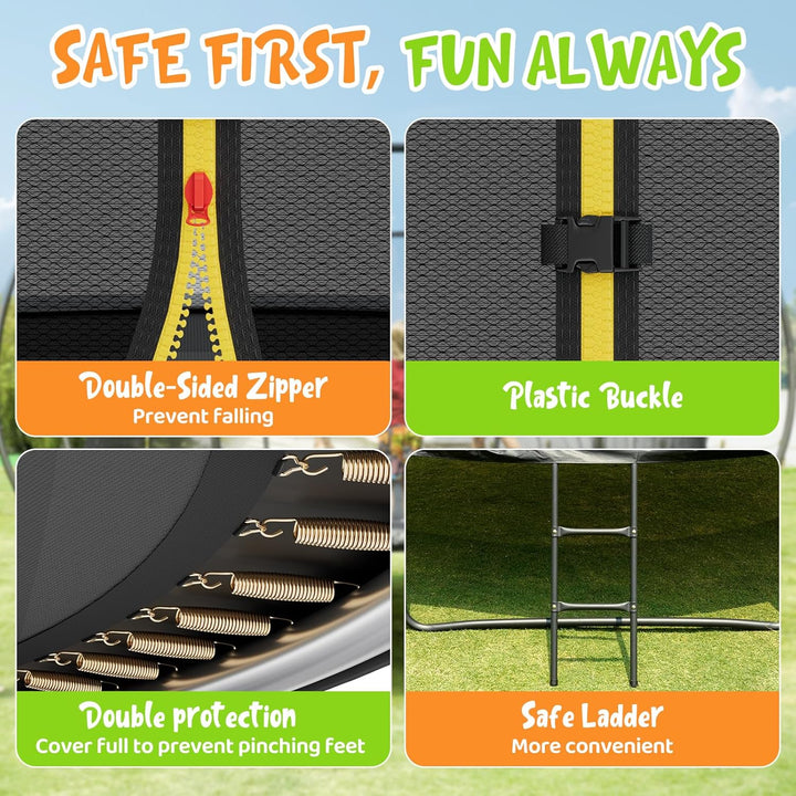 10FT 12FT 14FT Recreational Trampolines with Enclosure Net and Ladder and Anti-Rust Coating, ASTM Approved Trampoline Outdoor for Kids and Adults Outdoor Yard Trampolines