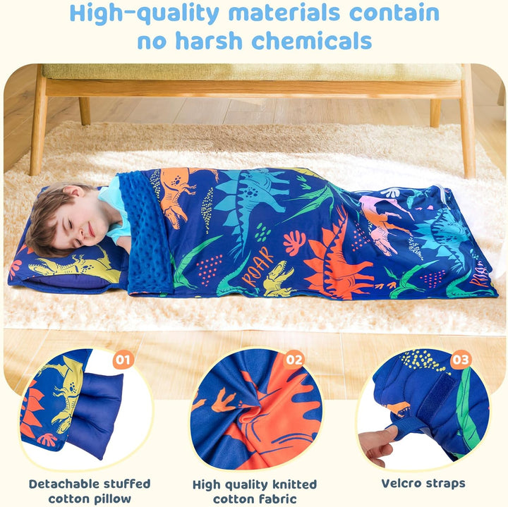 Toddler Nap Mat Extra Large 55‘’*29‘’ for 2-7 Years, Cotton Daycare Nap Mats with Removable Minky Blanket and Pillow, Boys Sleeping Mat Nap Mat for Preschool Kindergarten, Sleeping Bag Blue Dinosaur