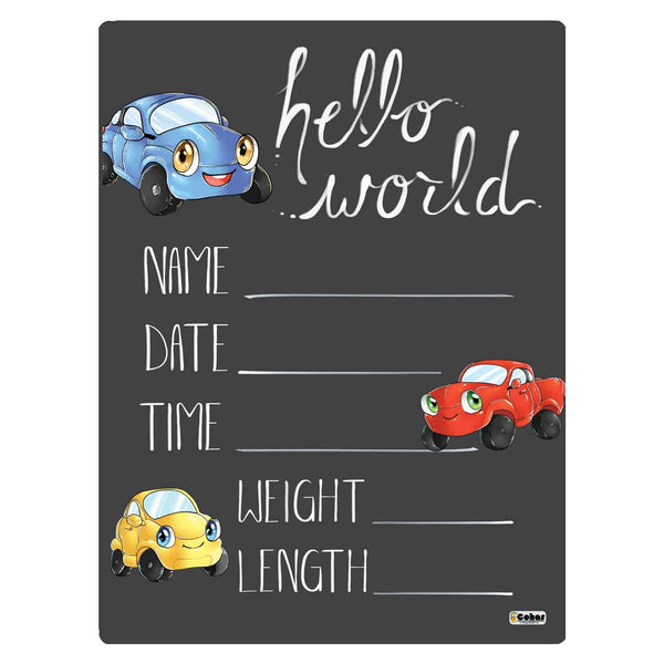 Hello World Newborn Baby Announcement Chalkboard Sign with Automobile Theme, 12 by 16 Inches, No Marker
