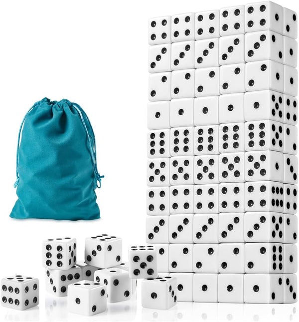 100 Pieces White Dice Set, 16MM Standard Game Dices, Opaque Six-Sided Dice with Pouch, Black Dot Bulk White Dice for Group Event, Board Games, Classroom Math