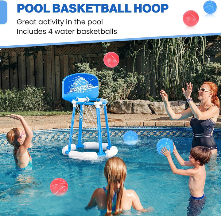 Pool Basketball Hoop with Backboard, Floating Pool Toy with 4 Balls and Pumps, Pool Basketball Game Outdoor Toy for Kids Adults Family Party Water Summer Toys (Red) (Blue-With Board)