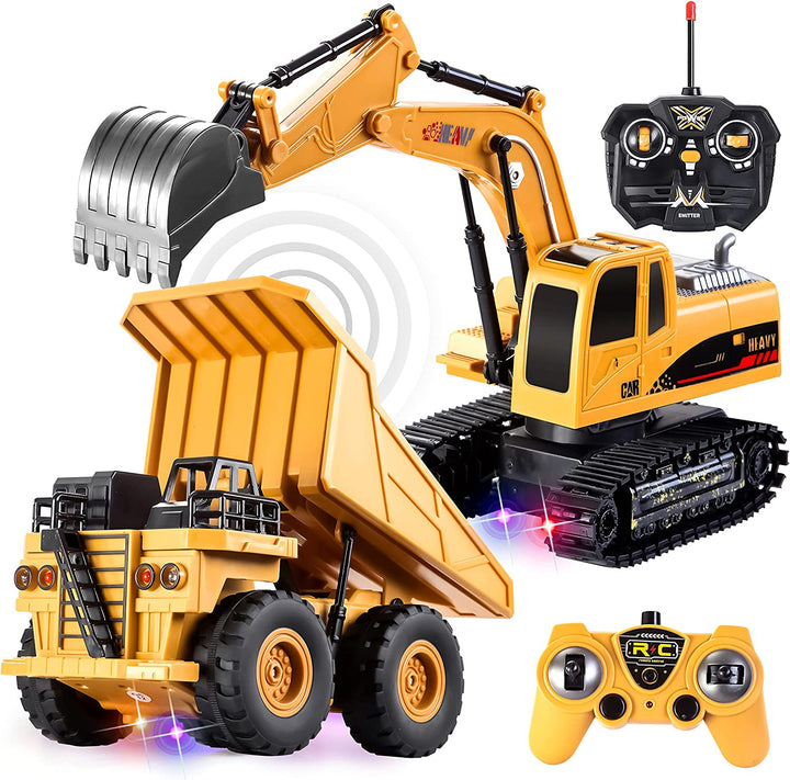 2 PCS Remote Control Construction Vehicle Toy Set, Friction-Powered RC Excavator & RC Dump Truck with Lights and Sounds for Imaginative Play, Birthday Gifts for Toddlers Boys Girls