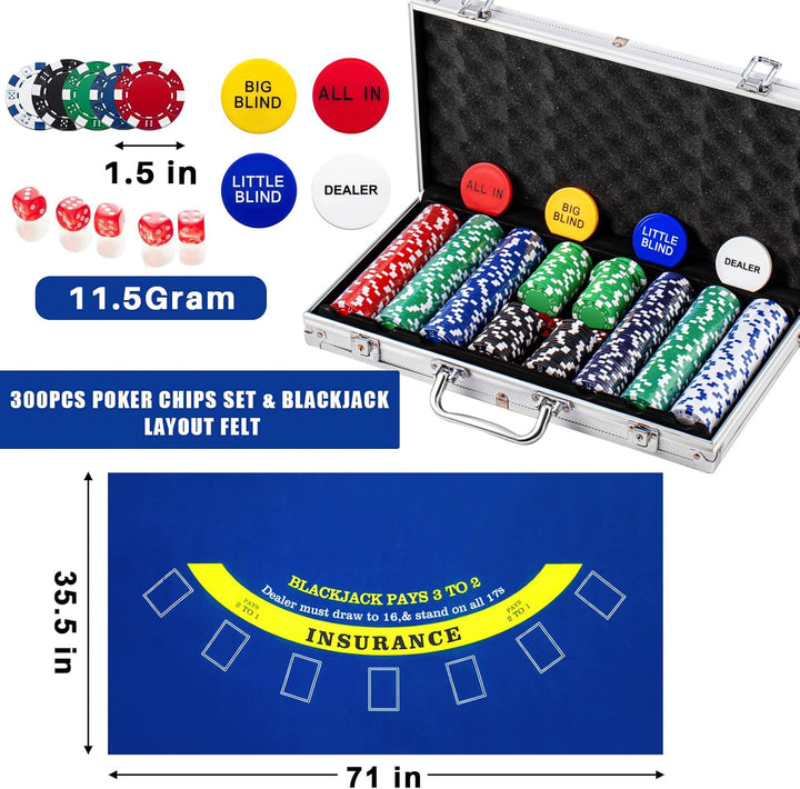 Blackjack Casino Game Set, Include 300 Poker Chips, Casino Felt 1 Automatic Card Shuffler 6 Deck Dealer Shoe Discard Holder Tray Aluminum Case for Texas Holdem Blackjack Poker(Blue)