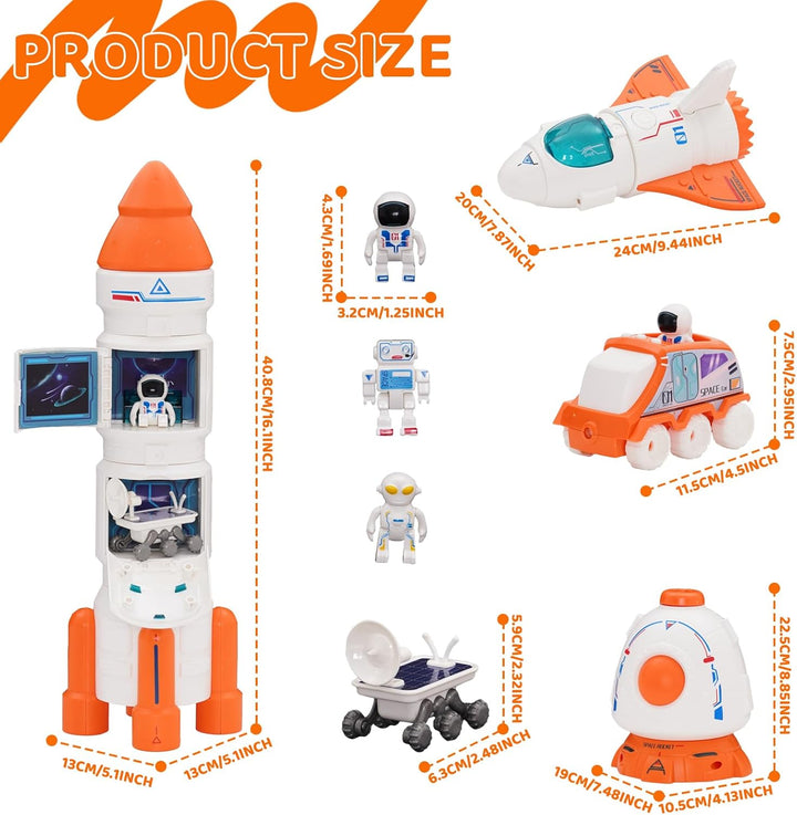 Spaceship Toy Set for Kids, Space Astronaut Play with Lights & Sound and Spray Effect, Interactive Toys, Rocketship Solar System Playset with Rocket Shuttle, Space Station, Space Rover (Orange)