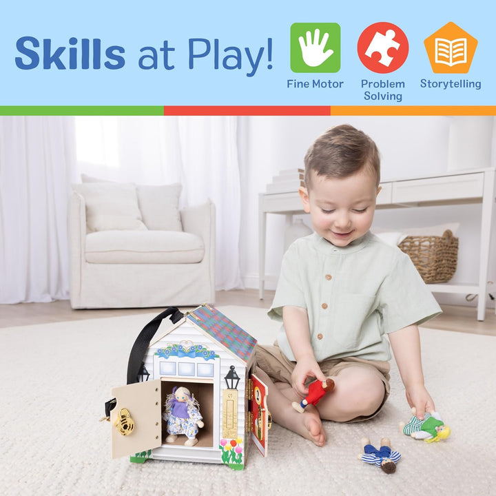 Take-Along Wooden Doorbell Dollhouse - Doorbell Sounds, Keys, 4 Poseable Wooden Dolls Portable Doll House, Doorbell House for Kids Ages 3+