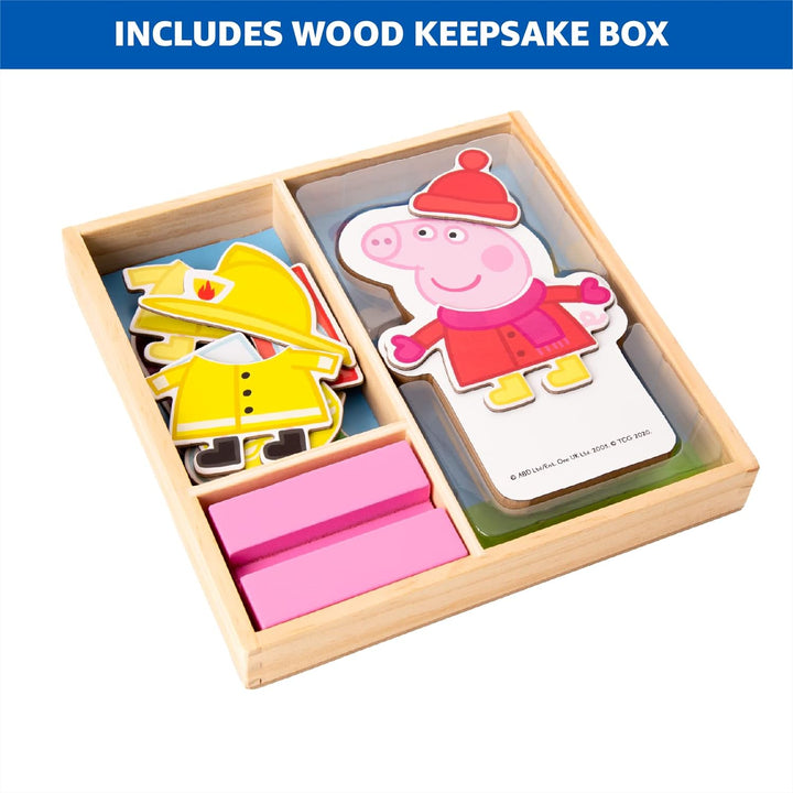 Peppa Pig Magnetic Wood Dress up Doll. Includes 26 Colorful Magnetic Wood Pieces and Wooden Storage Box. Encourages Creative Play with Mix and Match Fun for Preschoolers and Kids Ages 3 and Over.