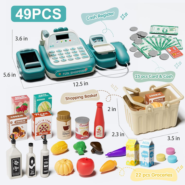 49PCS Pretend Play Cash Register Toy Set for Kids with Real Calculator,Scanner,Microphone,Conveyor Belt,Weighing Tool,Cashier Playset Realistic Gift for Toddler Kid Ages 3 4 5 6 7 8 (Green)