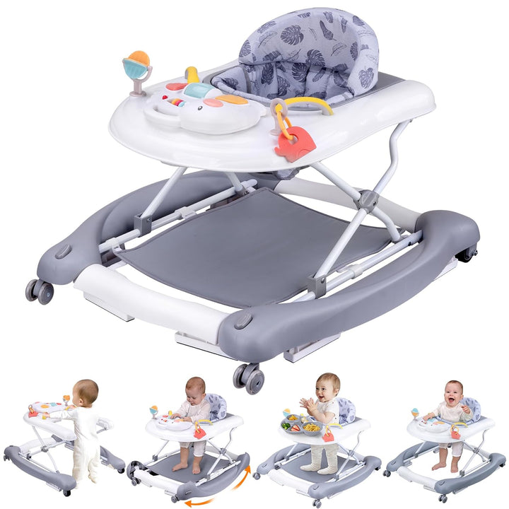 Foldable Baby 5-In-1 Activity Walker - Rocker, Activity Center, Bouncer, Seat Walker, Push Walker - Adjustable Speed Rear Wheels and Height Toys Ages 6-18 Months… (Pink)