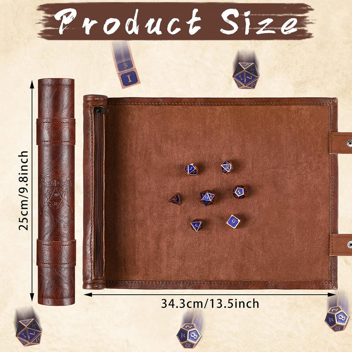 Dice Mat Tray Rolling Mat with Zipper PU Leather Folding Scroll Dice Bag Holder Table Christmas Game Accessories(Brown, Black,2 Pieces)