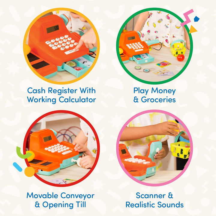 – Interactive Kids Cash Register with Scanner & Sounds – 26 Pieces Pretend Play Shopping Set with Light – up Scanner, Play Money & Card – Educational Toy for Learning & Fun – 3+ Years