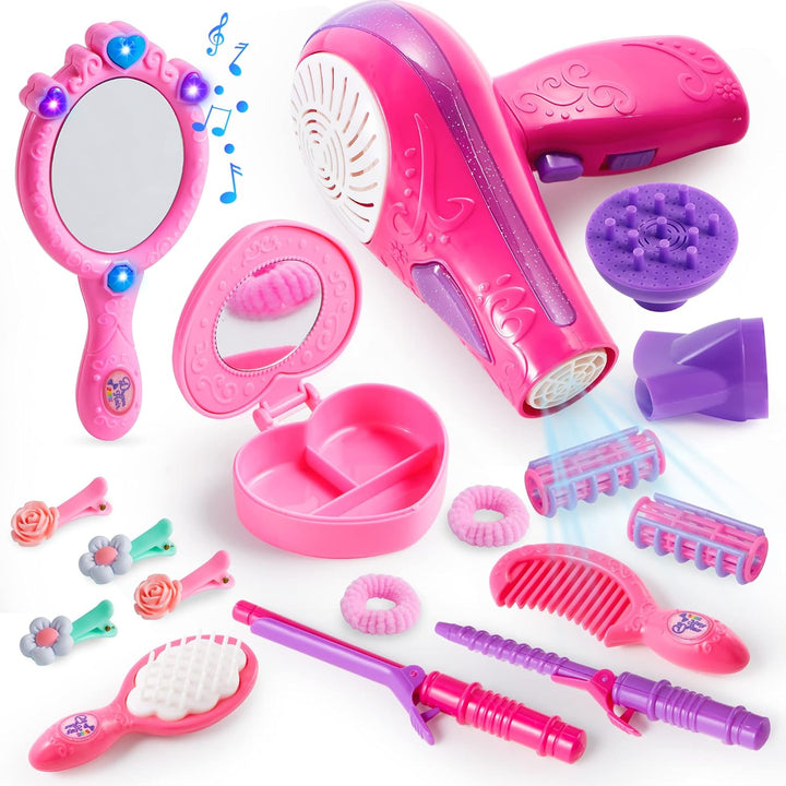 17Pcs Girls Beauty Salon Set, Pretend Play Doll Hair Stylist Toy Kit with Hairdryer, Mirror, Curling Iron and Other Accessories for Kids Toddler Fashion Cutting Makeup Party Favor, Birthday Gift