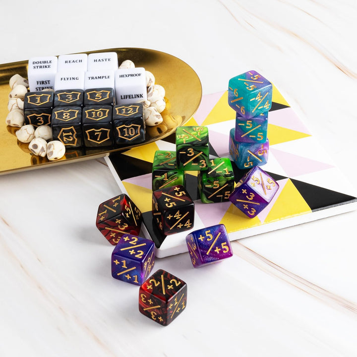 63 Pieces MTG Dice Counters Bulk Ability Keywords MTG Tokens Shield Life Counter 6 Sided Dice Set for Magic the Gathering,Tcg,Cards Gaming Accessories