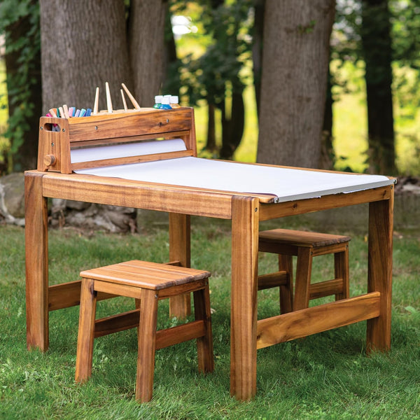 Acadia Outdoor Art Table and Stool Set: Kids Acacia Wood Arts and Crafts Table W/ 2 Chairs, Mobile Storage Paper Roll, and Paint Cups for Drawing, Painting and Toddler Picnic Activities