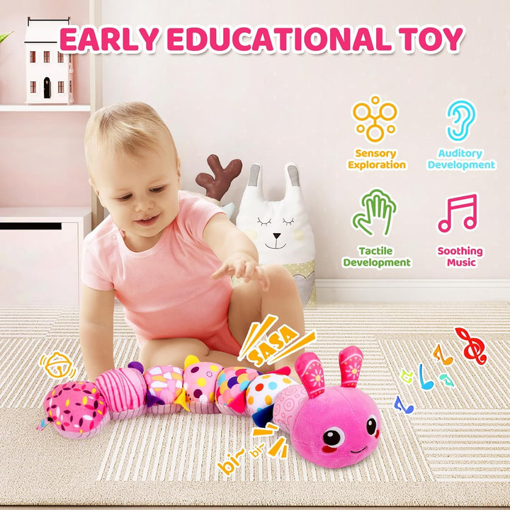 Baby Toys 0-6 6-12 Months, Sensory Music Animal Stuffed Toy for 0 1 2 3 4 5 6+ Months, Plush Toy with Crinkle and Rattles for Infant Newborn, Tummy Time Toys Gifts for 0-3-6-12 Month