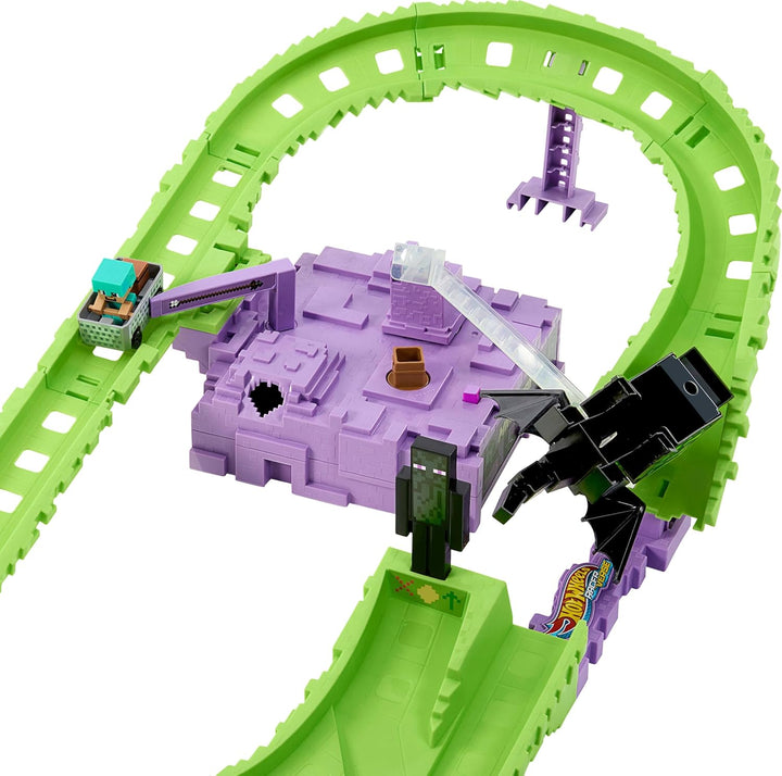 Toy Car Track Set, Racerverse Minecraft Playset & Die-Cast Diamond Armor Steve in Minecart Vehicle, Launch & Race to Defeat Ender Dragon