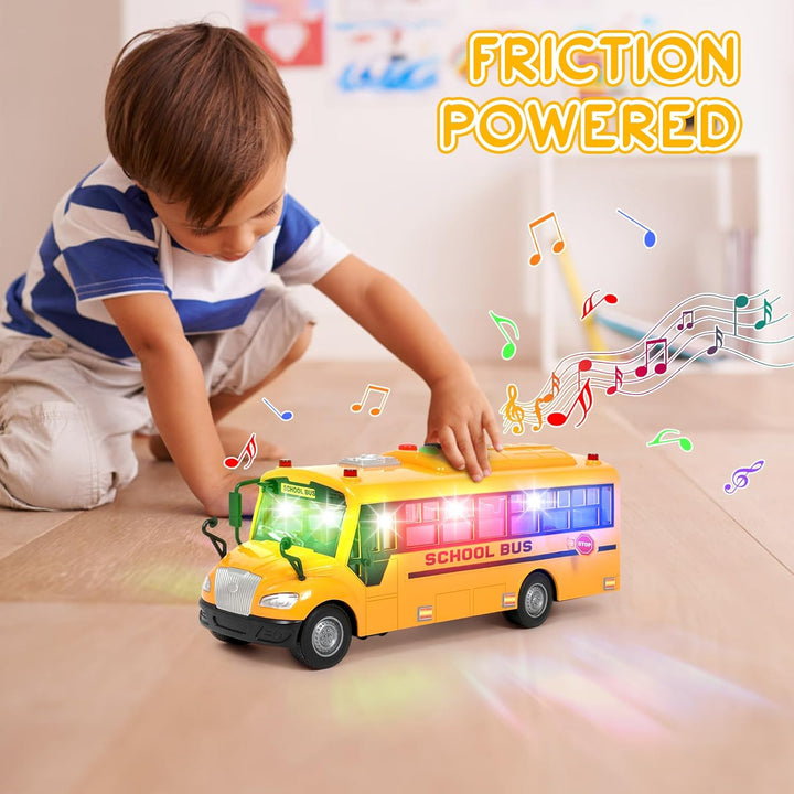 Yellow School Bus Toys for Toddlers 1-3 with 4 Different Flashing Lights & Sound, Back and Side Doors Open Friction-Powered Wheels Light up Toy Buses Birthday Gift 2 3 4 Year Old and up Girl Boy Toys