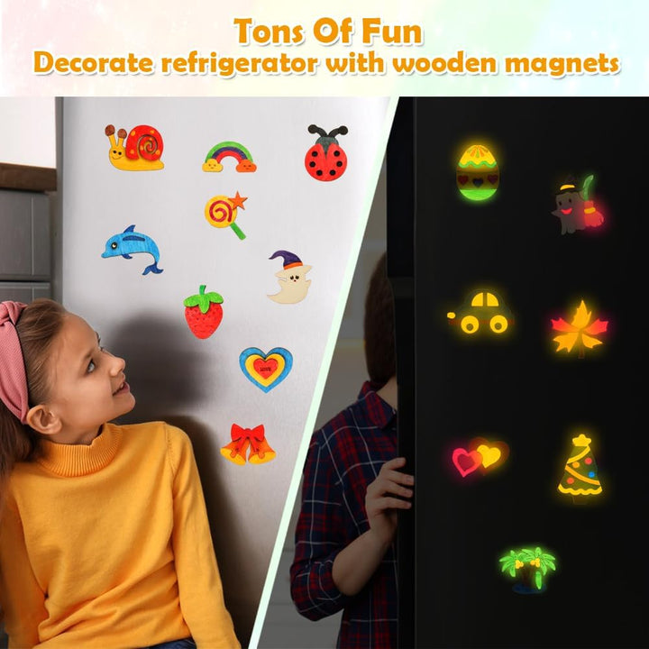 48 Pcs DIY Wooden Magnets, Wooden Art Craft Supplies Painting Kit for Kids Ages 4-8 8-12 Glow in the Dark Party Favors Goodie Bag Stuffers Birthday Gifts Toys for Boys Girls