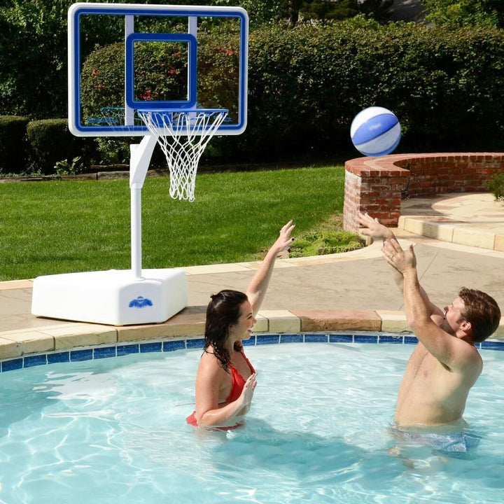 Dunn-Rite Splash & Shoot Clear Outdoor Adjustable Height Swimming Pool Basketball Hoop W/Ball, Base, & 18 Inch Stainless Steel Rim, Blue