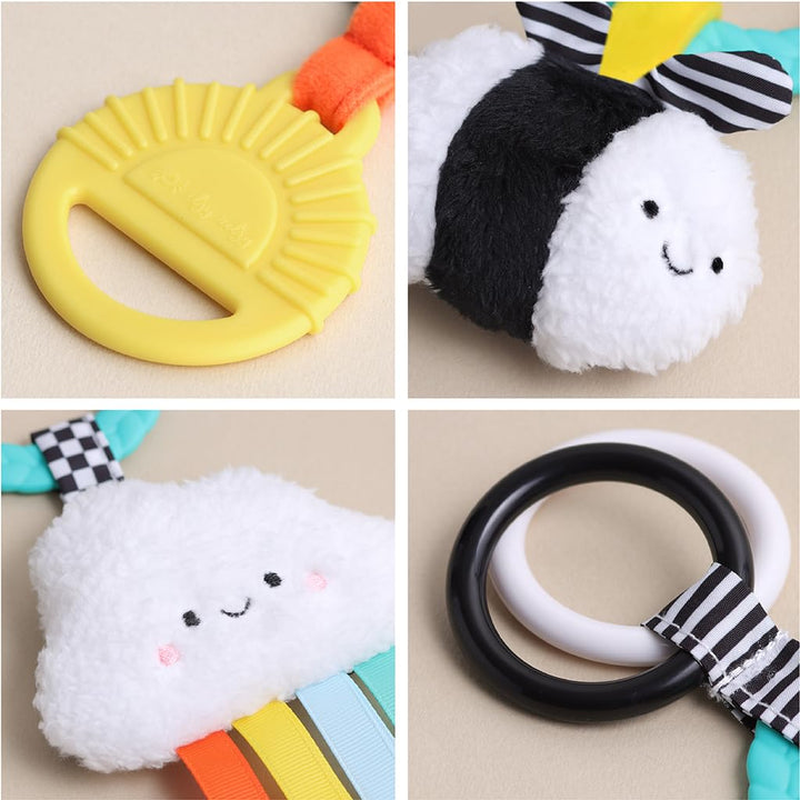 Teething Activity Toy - Bitzy Busy Ring Infant Teething Toy Features Braided Ring & Dangling Toys, Includes Teether, Ribbons, Crinkle Sound & Jingle Bell - 0 Months & up (High Contrast)