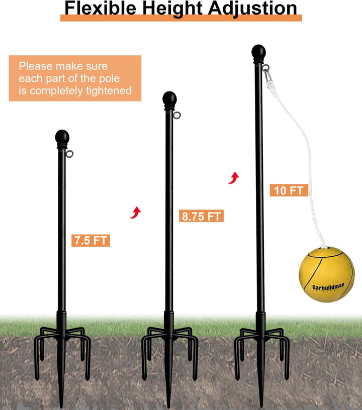 Tetherball Set with Ball & Rope for Outdoor Backyard, Adjustable Tether Ball Pole with Reinforced 5-Prong Base for Playground, outside Ball Games Sports for Kids & Adults, Black