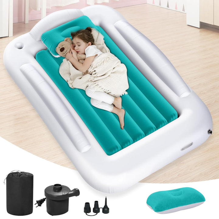 Inflatable Toddler Travel Bed - Portable Toddler Kids Travel Bed with Safety Sides Complete Kids Air Mattress Set with High-Speed Pump, Ideal for Vacation Camping and Sleepover (60 Inches)
